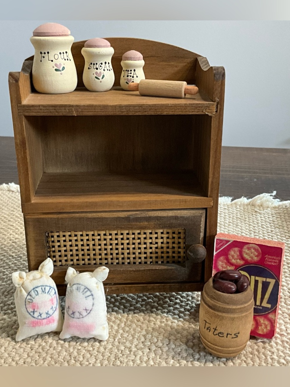Vintage Wooden Dollhouse Kitchen Shelf Hutch with Wooden Items Canisters Decor
